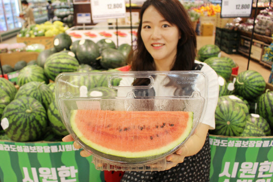 조각수박을 소개하고 있는 롯데마트 홍보도우미 [롯데마트 제공]